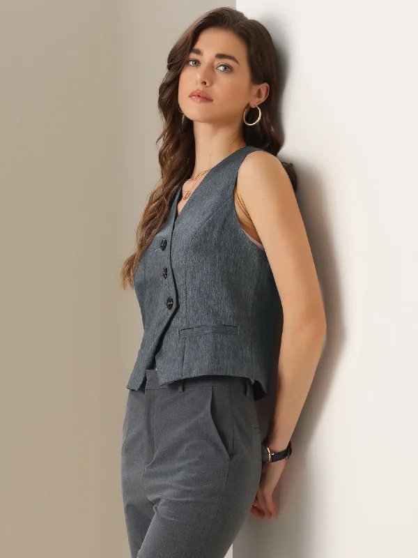 V Neck Button Down Sleeveless Cropped Vest Waistcoat