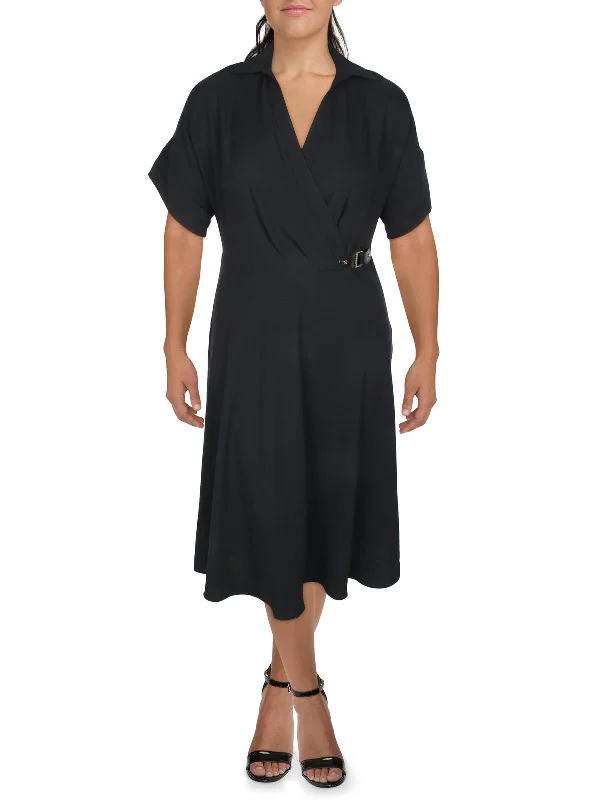 Womens Surplice Buckle Midi Dress