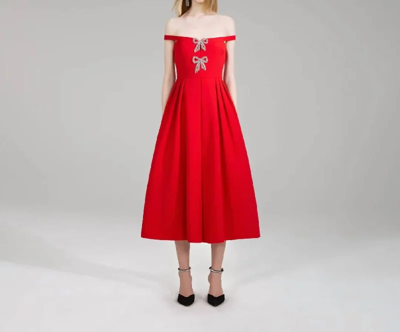 Crepe Bow Midi Dress In Red