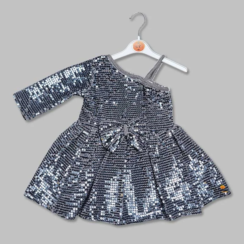 Silver Sequin Work in Pleated Frock for Girls