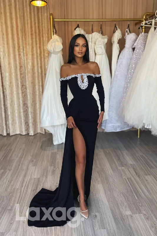 16706 - Pearls Off Shoulder Keyhole Neck Black Prom Dress with Slit