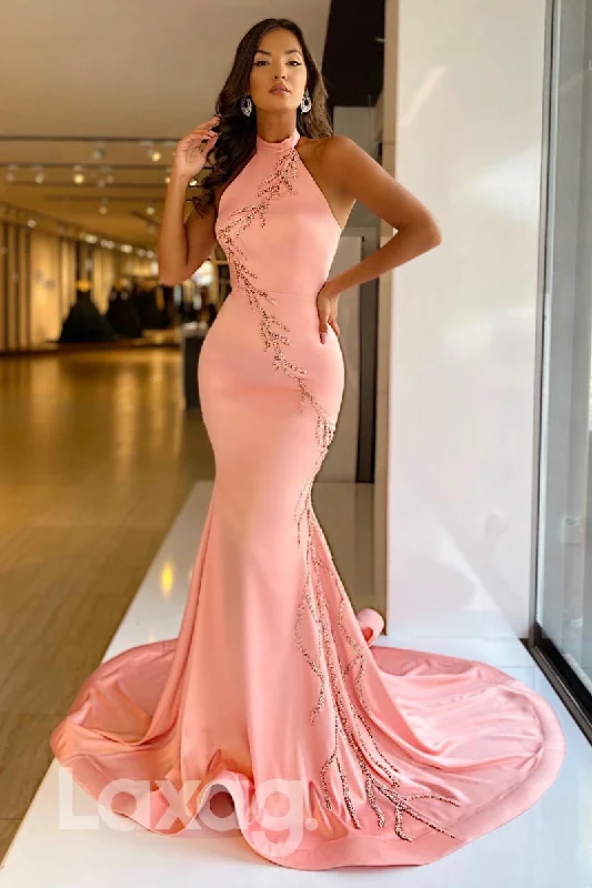 16770 - Pink Halter Beaded Mermaid Party Prom Dress