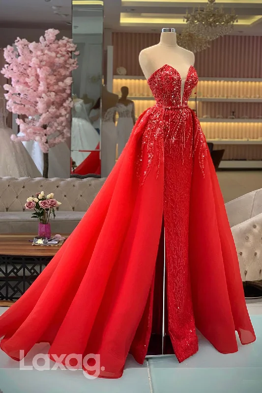 21861 - Sexy Deep V neck Heavy Beads Detachable Skirt Red Long Mermaid Formal Prom Dress with Slit