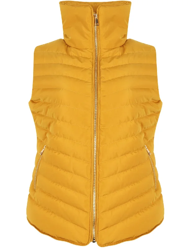 Chervil Quilted Puffer Gilet With Funnel Neck In Old Gold - Tokyo Laundry