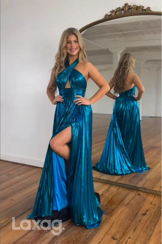 21944 - Chic Halter Ruched Long Blue Formal Prom Dress with Slit