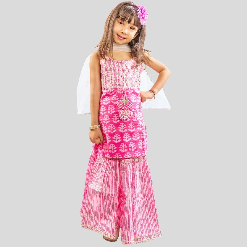 Pink & Turquoise Printed Girls Sharara Suit