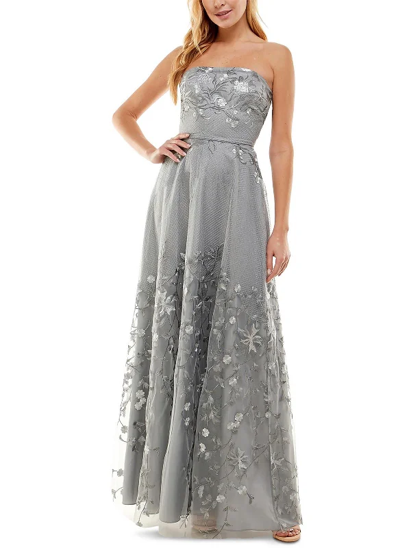 Juniors Womens Floral-Embroidered Maxi Evening Dress