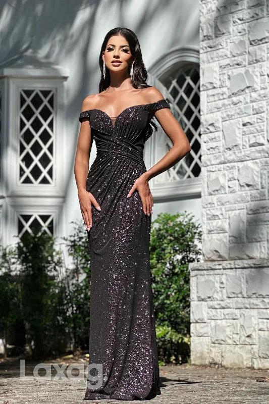 21898 - Off Shoulder Ruched Black Sparkly Formal Prom Dress with Slit