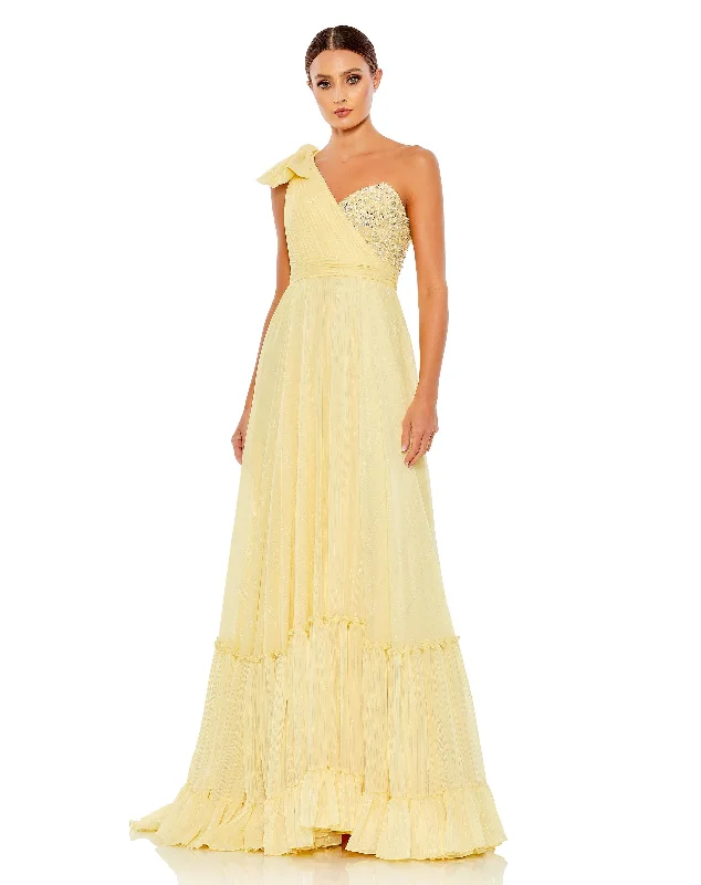 Embellished Soft Tie One Shoulder Ruffle Gown