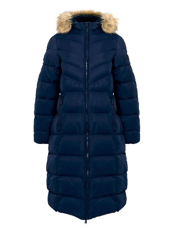 Crosage Longline Quilted Hooded Puffer Coat with Detachable Faux Fur Trim In Peacoat Navy - Tokyo Laundry