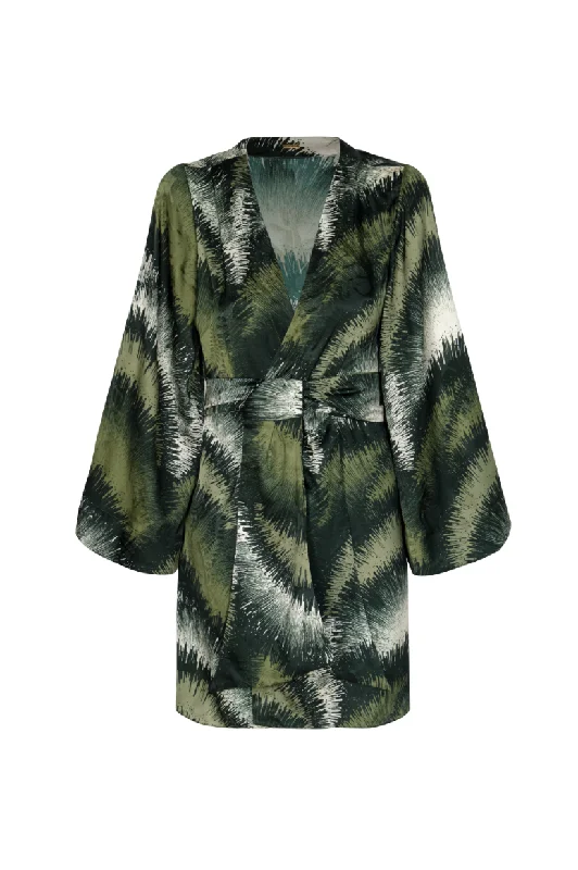 Joaquina Silk Jacquard Mini Kaftan in Green Brushed