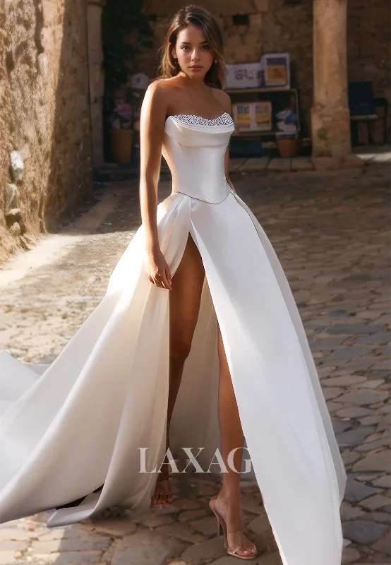 22383 - A-Line Sweetheart Beaded High Slit Sleek Satin Elegant Wedding Dress with Train