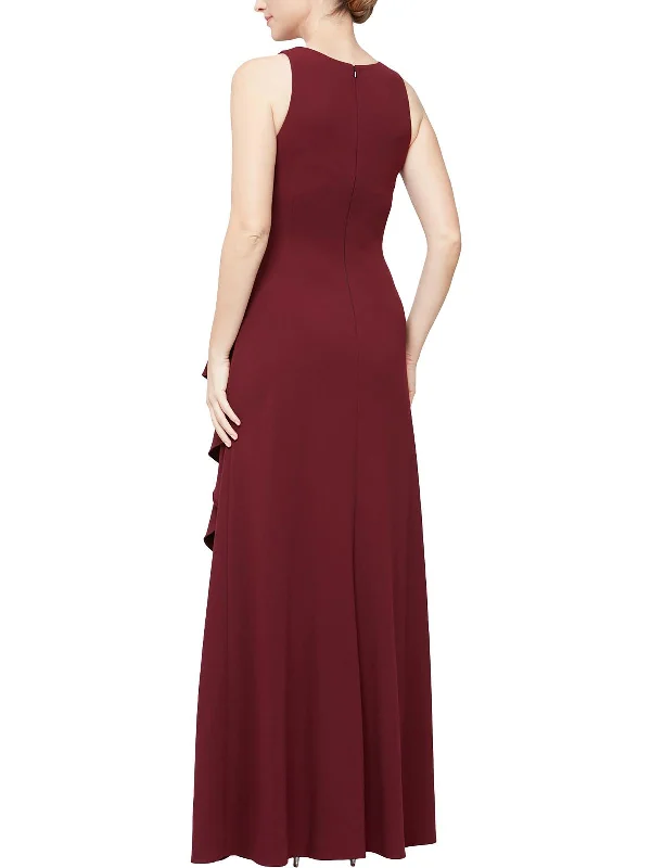 Womens Crepe Cascade Ruffle Evening Dress