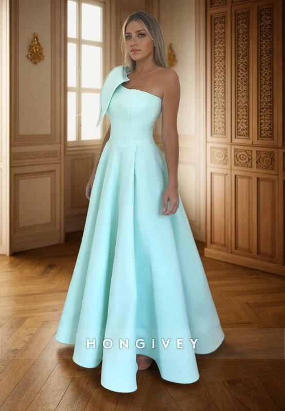 L2989 - Satin A-Line One Shoulder Floor-Length Party Prom Evening Dress