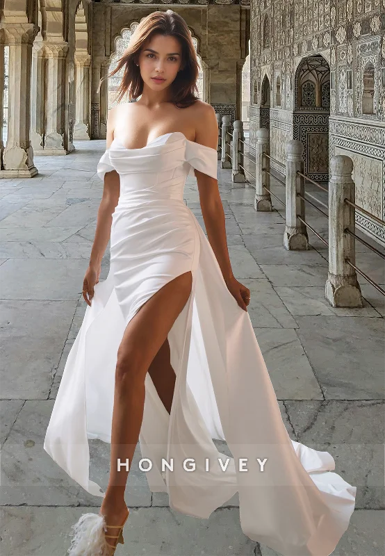 Sexy Ruched High Slit Wedding Dress Simple Satin Off-Shoulder with Train Bride Gown