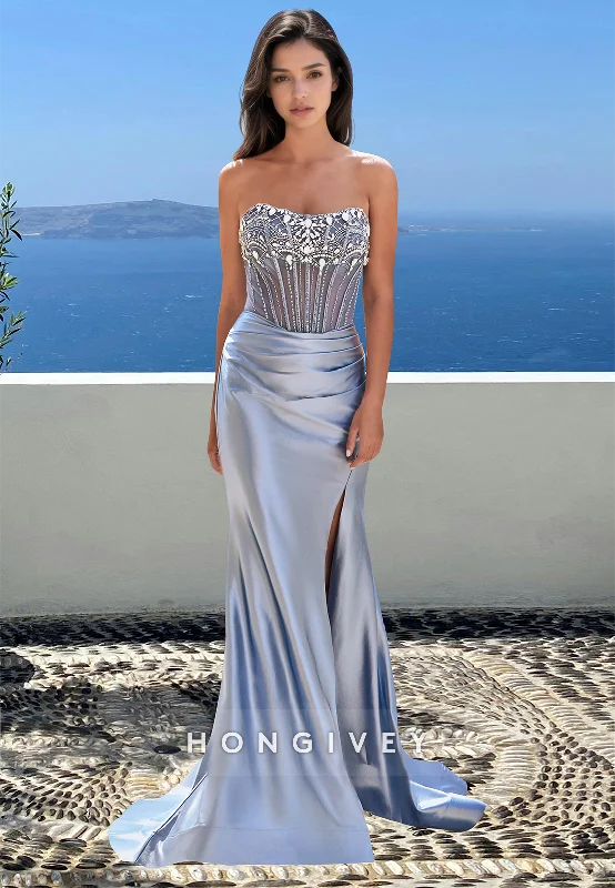 Special Beaded Sheer Corset Strapless Trumpet Satin Evening Party Dress