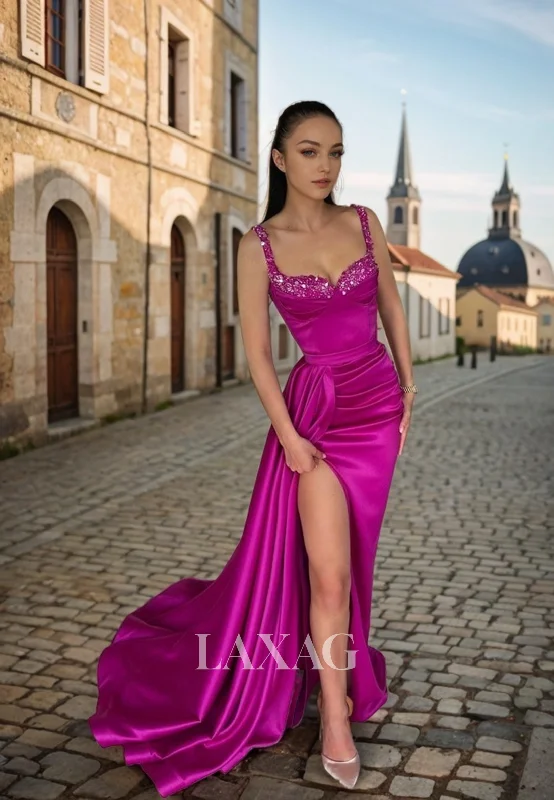 21907 - Spaghetti Straps V neck Ruched Long Formal Prom Dress with Slit