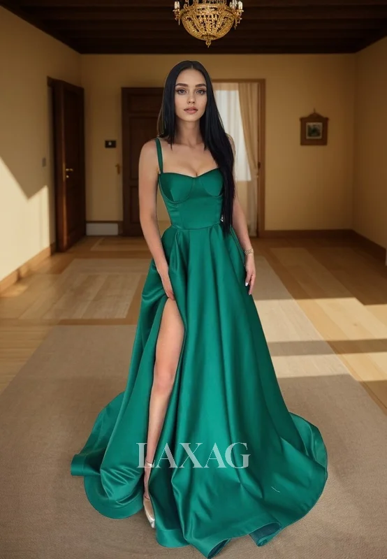 21905 - A Line Sweetheart Green Satin Simple Long Formal Prom Dress with Pockets