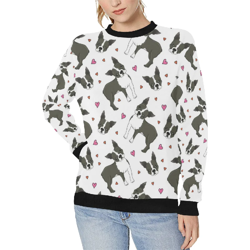 Boston terrier dog hearts vector pattern Women's Crew Neck Sweatshirt