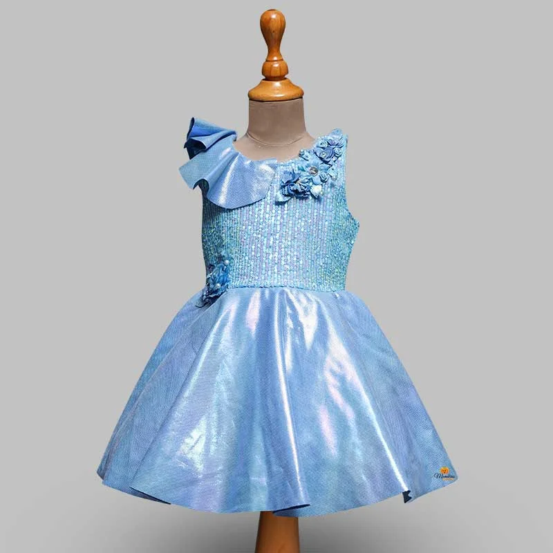 Shimmering Blue Girls Kids with Frill Applique