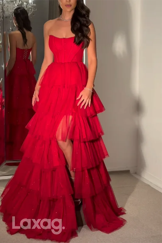 21938 - A Line Strapless Tiered Red Long Prom Formal Dress with Slit