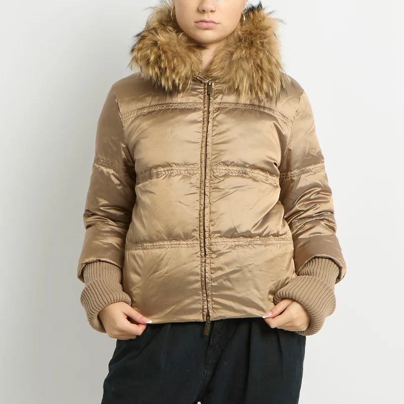 Fur Hood Metallic Puffer Jacket - UK 10