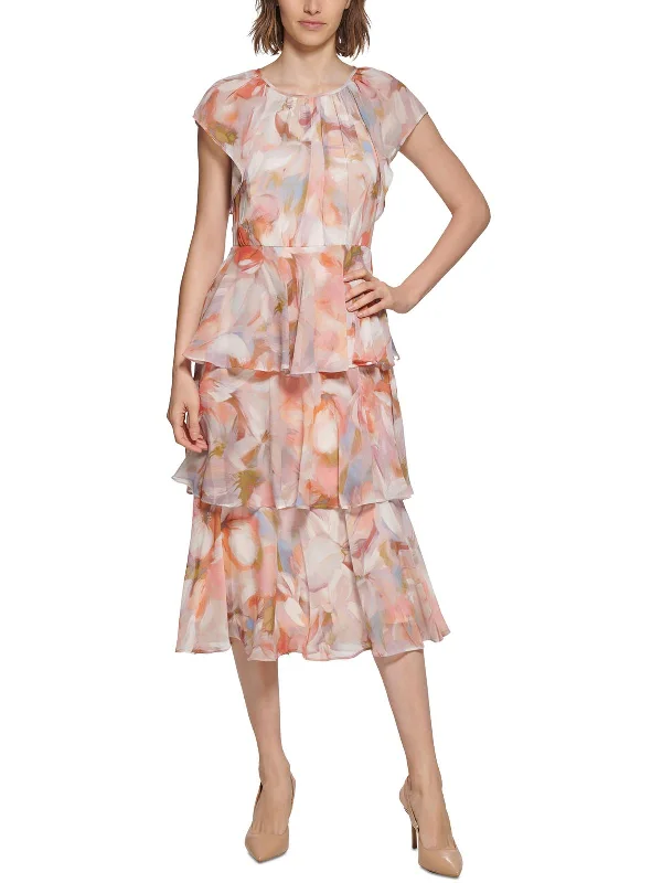 Womens Printed Tea Midi Dress