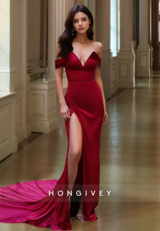 L0931 - Sexy Red Long V-Neck High Slit With Train Evening Party Prom Dress