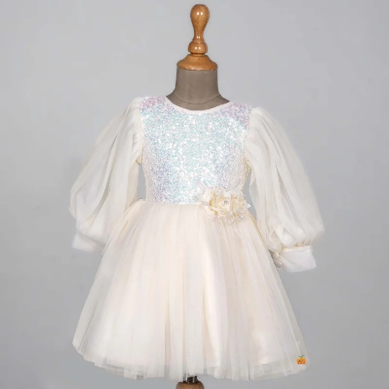 Cream Sequin Net Frock for Girls