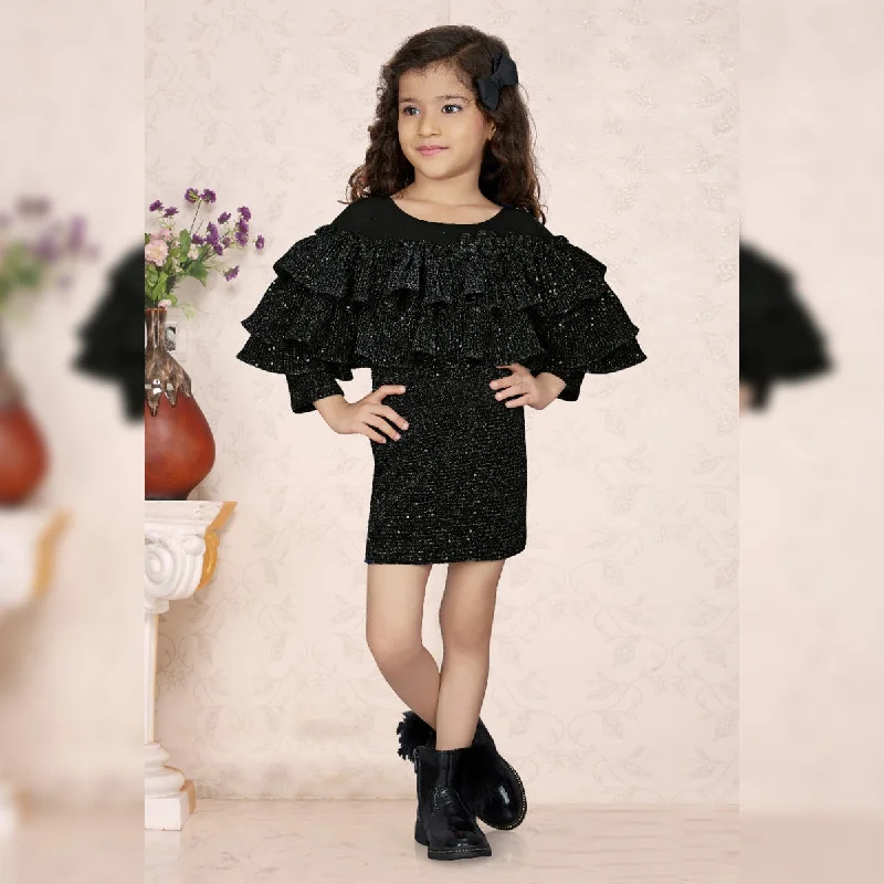 Solid Ruffled Shimmer Full Sleeves Girls Midi