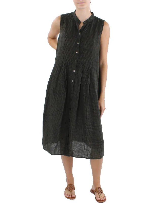 Petites Womens Linen Midi Shirtdress