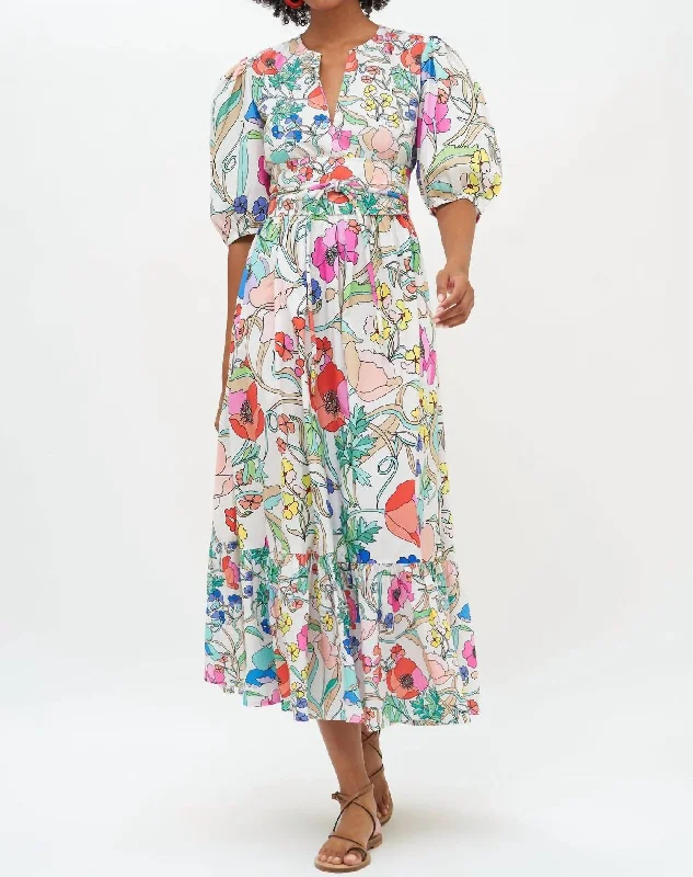 Puff Sleeve Maxi Dress In Zinnia Multi