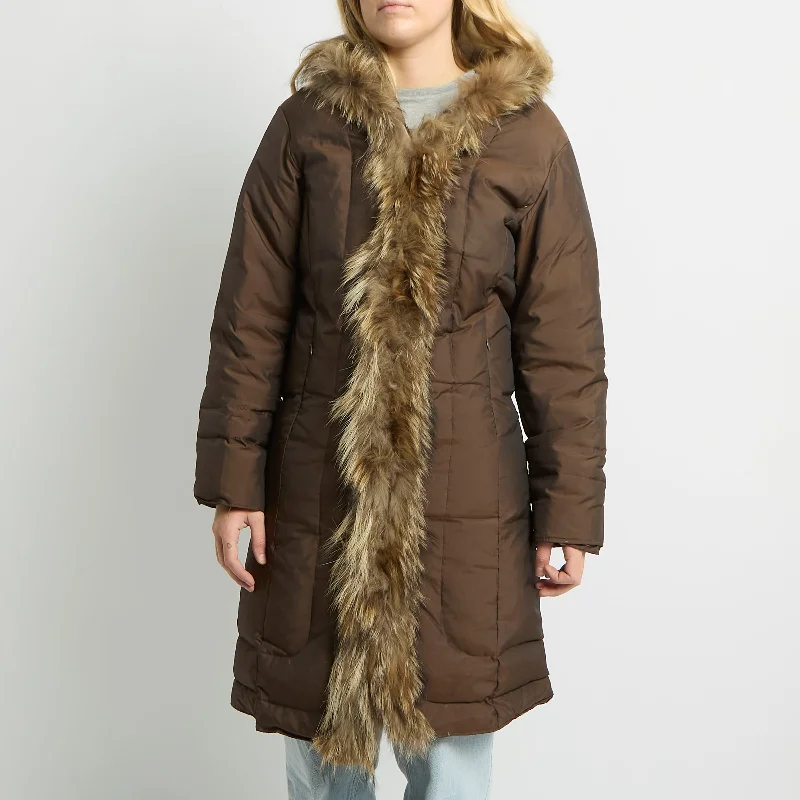 Fur Trim Padded Trench Coat - UK 14