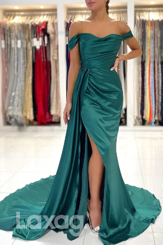 21819 - Off Shoulder Thigh Slit Emerald Green Prom Evening Dress