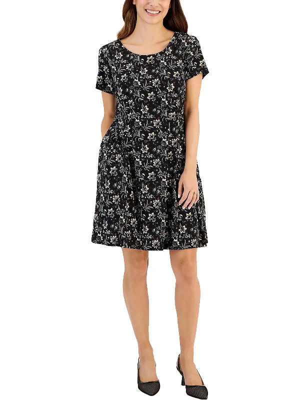 Petites Womens Printed Knee Fit & Flare Dress