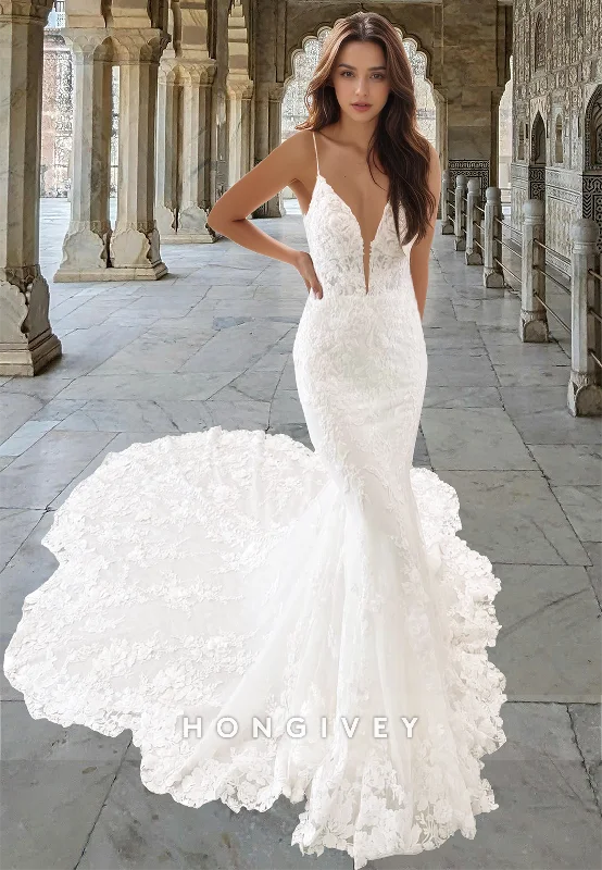 Sexy V-Neck Mermaid with Train Lace Applique Spaghetti Straps Wedding Dress