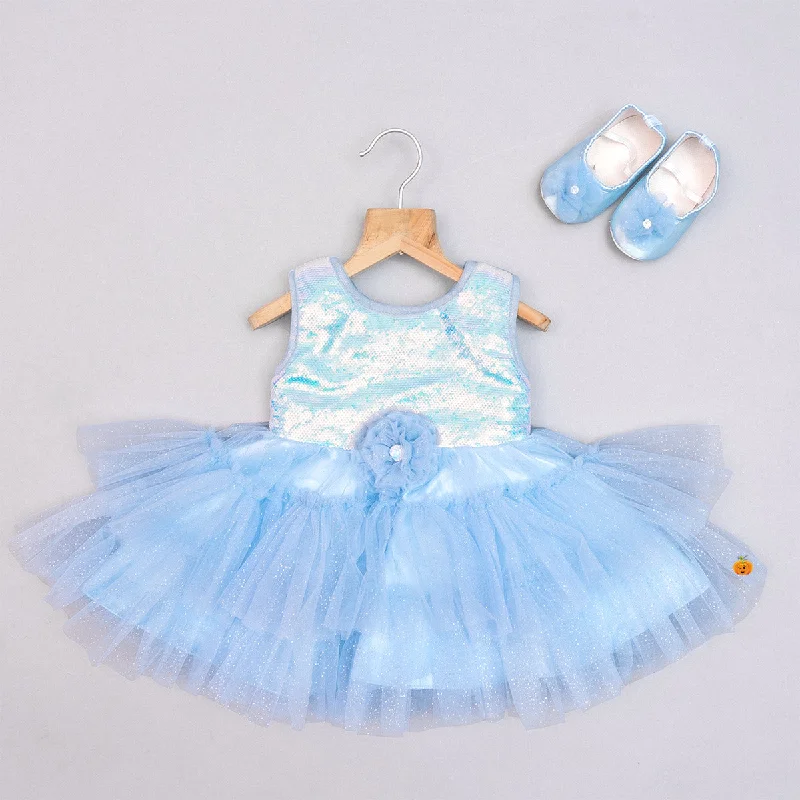 Sky Blue & Peach Sequin Baby Frock