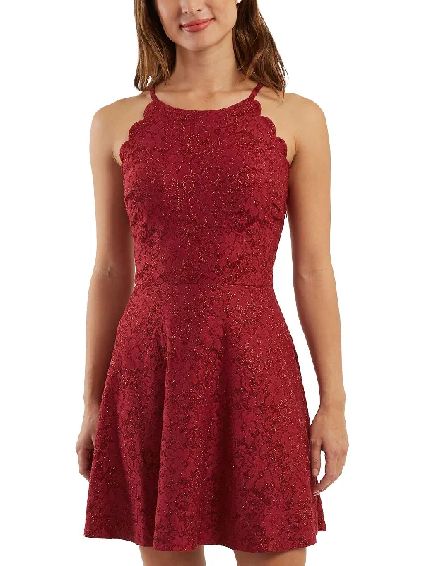 Juniors Womens Floral Glitter Mini Dress