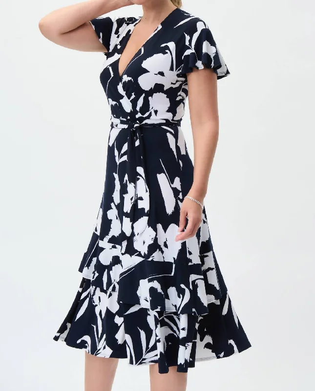 Floral Dress In Midnight Blue & White