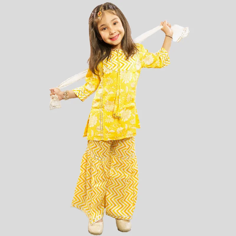 Yellow Floral Printed Sharara Suit for Girls