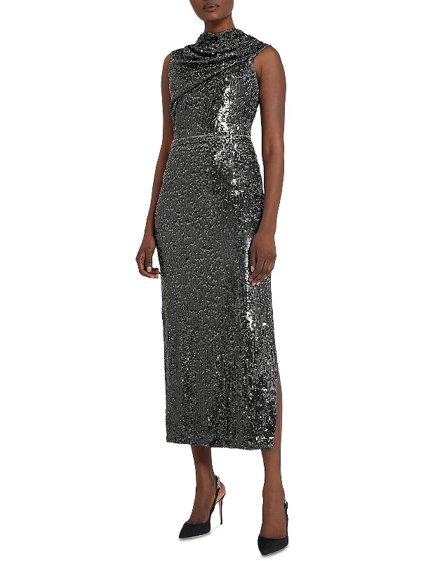 Anna Womens Sequined Draped Evening Dress