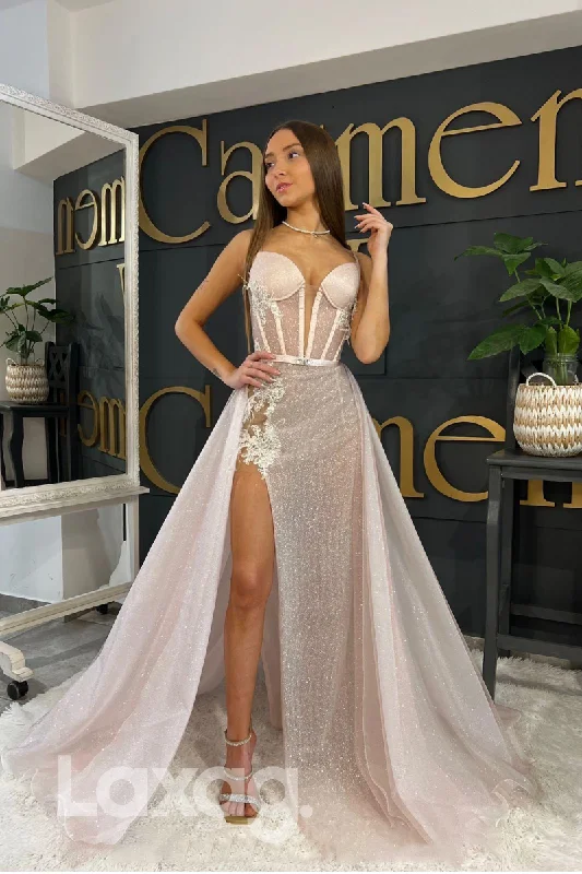 21813 - Spaghetti Bone Bodice Thigh Slit Prom Dress with Overskirt