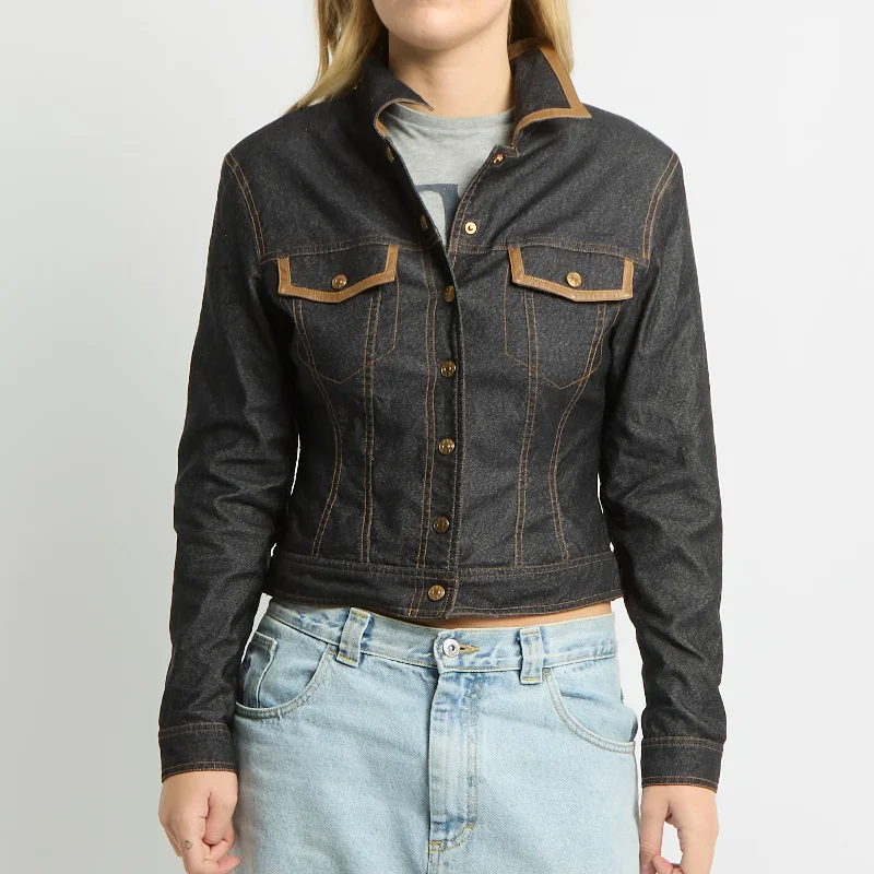 Leather Detail Fitted Denim Jacket - UK 8