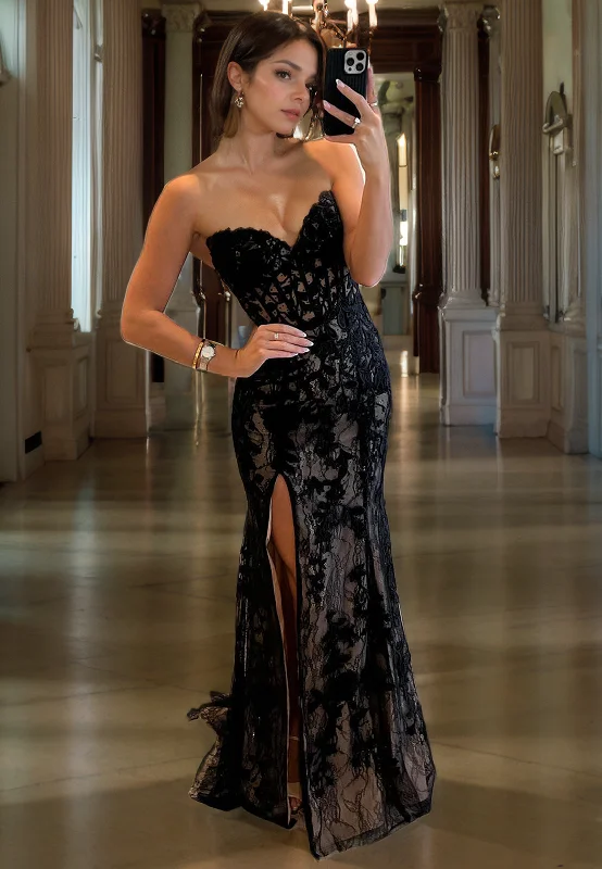 L1601 - Sexy Black Fitted Illusion V-Neck Sleeveless With Side Slit Party Prom Evening Dress