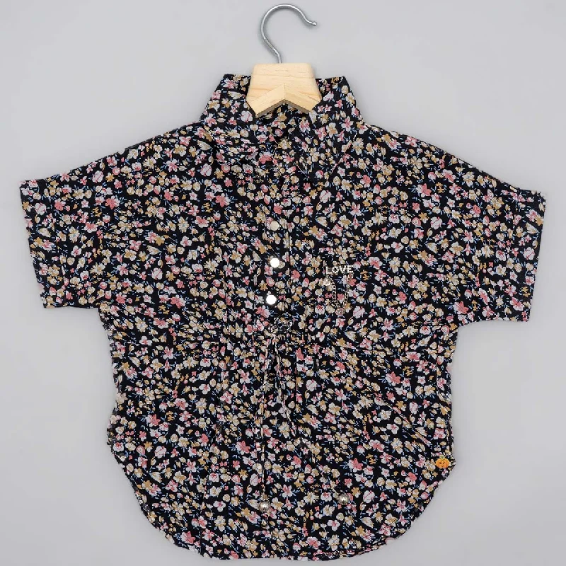 Black Floral Printed Girls Top