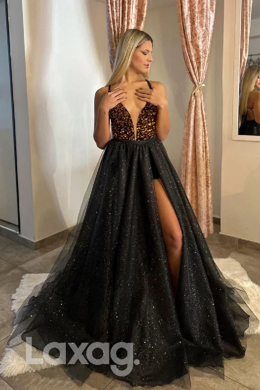 21800 - Spaghetti V Neck Sequins Thigh Slit Prom Evening Dress