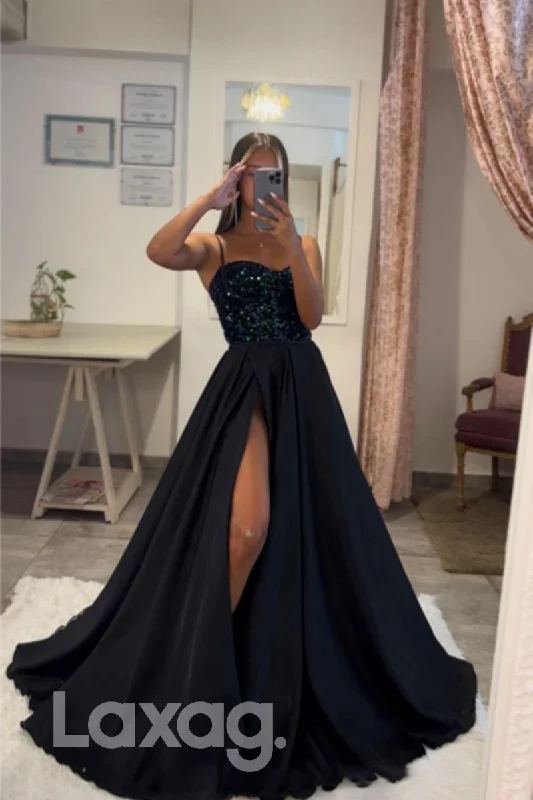 21811 - Spaghetti Sequins Top Thigh Slit Black Prom Dress