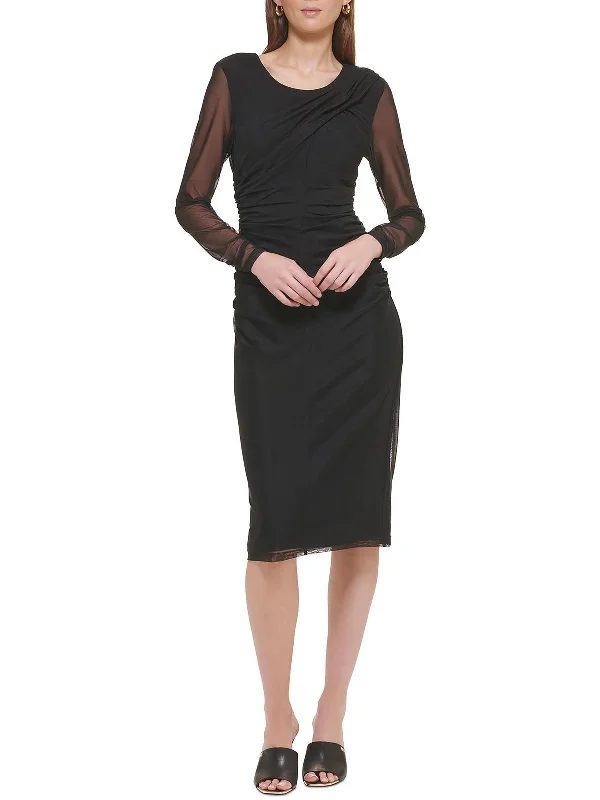 Womens Illusion Ruched Midi Dress