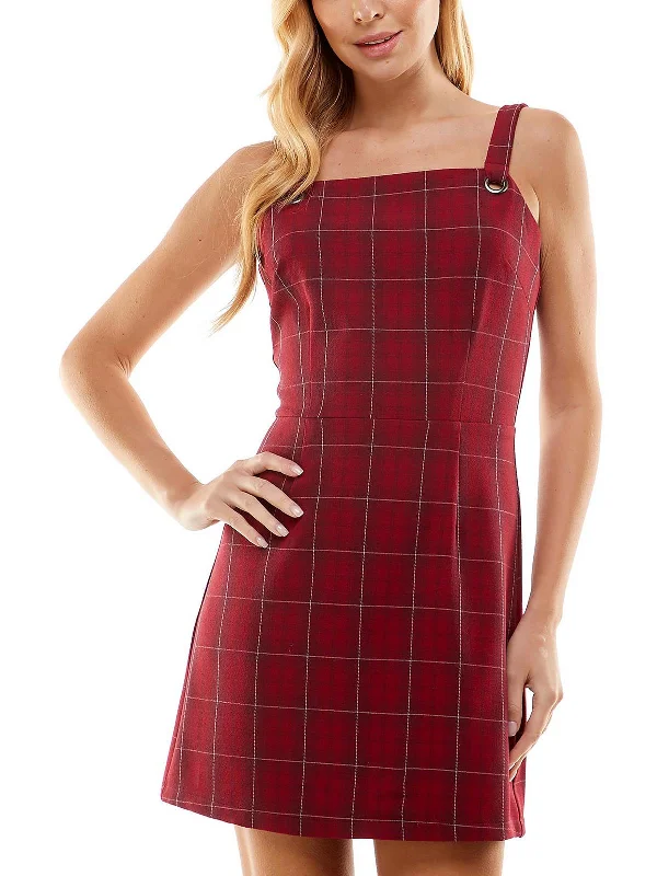 Juniors Womens Plaid Mini Sheath Dress