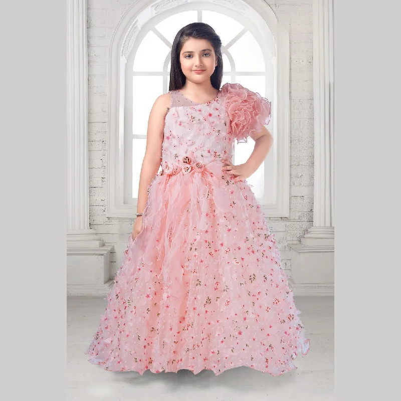 Peach Scattered Flower Gown for Girls